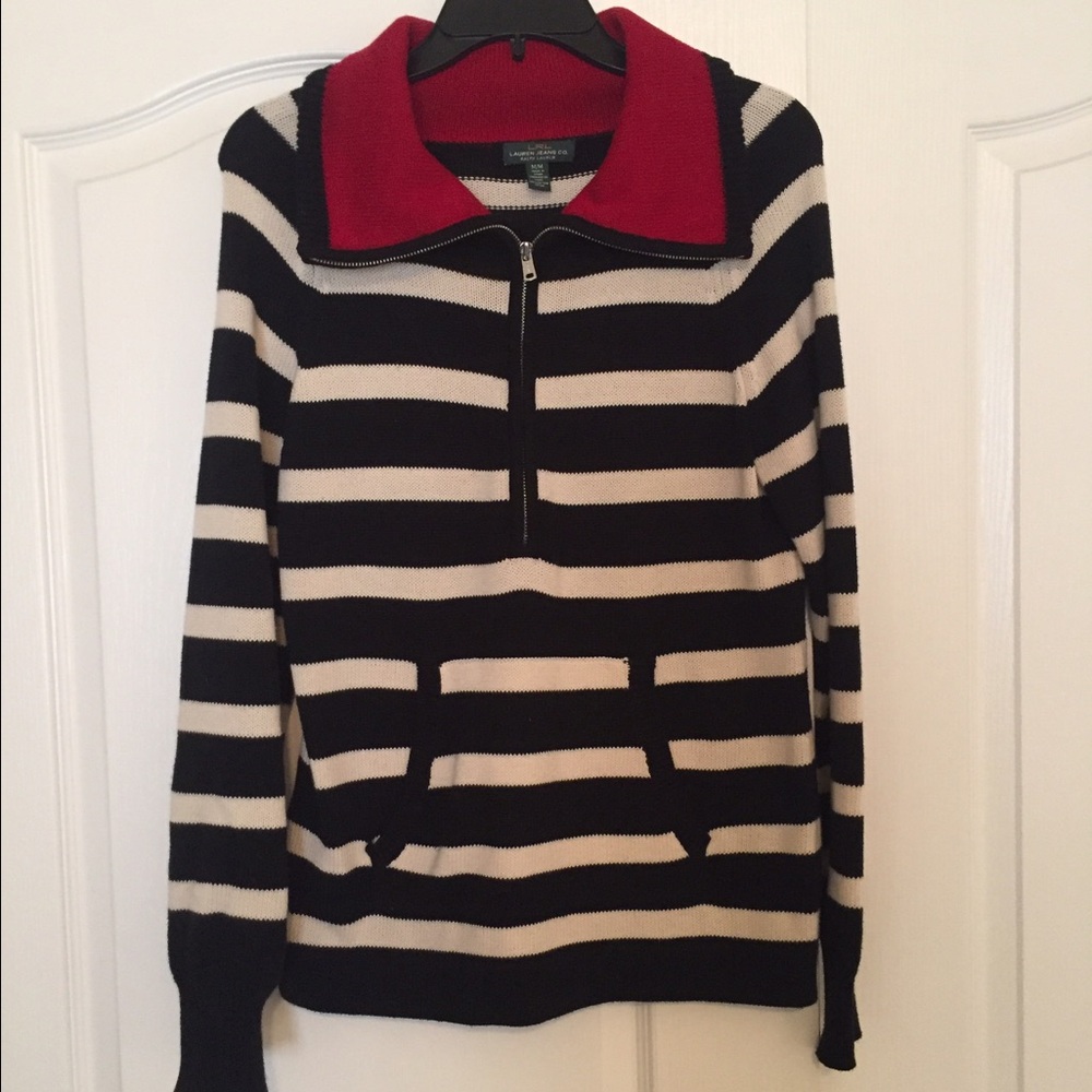 Lauren Ralph Lauren Black and Cream Striped V-Neck Sweater